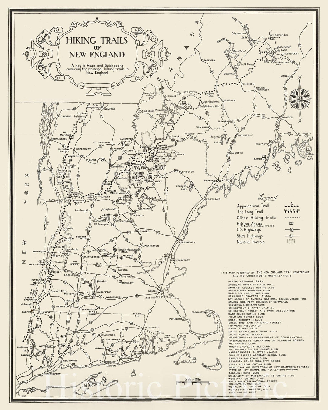 Historic Map : Hiking Trails of New England A key to Maps and Guidebooks covering the principal hiking trails in New England, 1953 , Vintage Wall Art