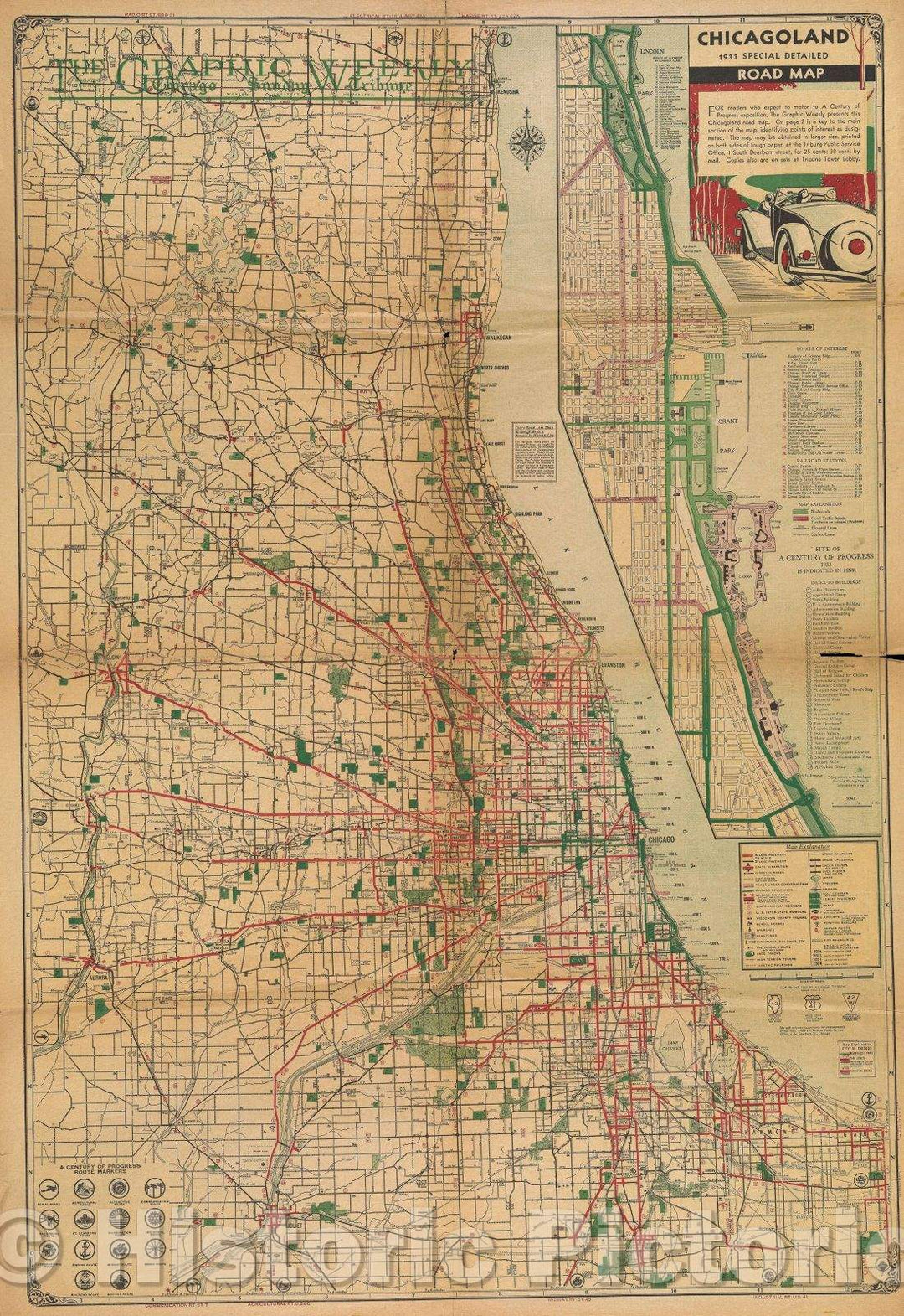 Historic Map : Chicagoland Road Map, 1933 , Vintage Wall Art
