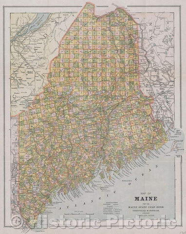 Historic Map : Map of Maine for the Maine State Year Book Grenville M. Donham. Publisher Portland, Maine., 1905 , Vintage Wall Art