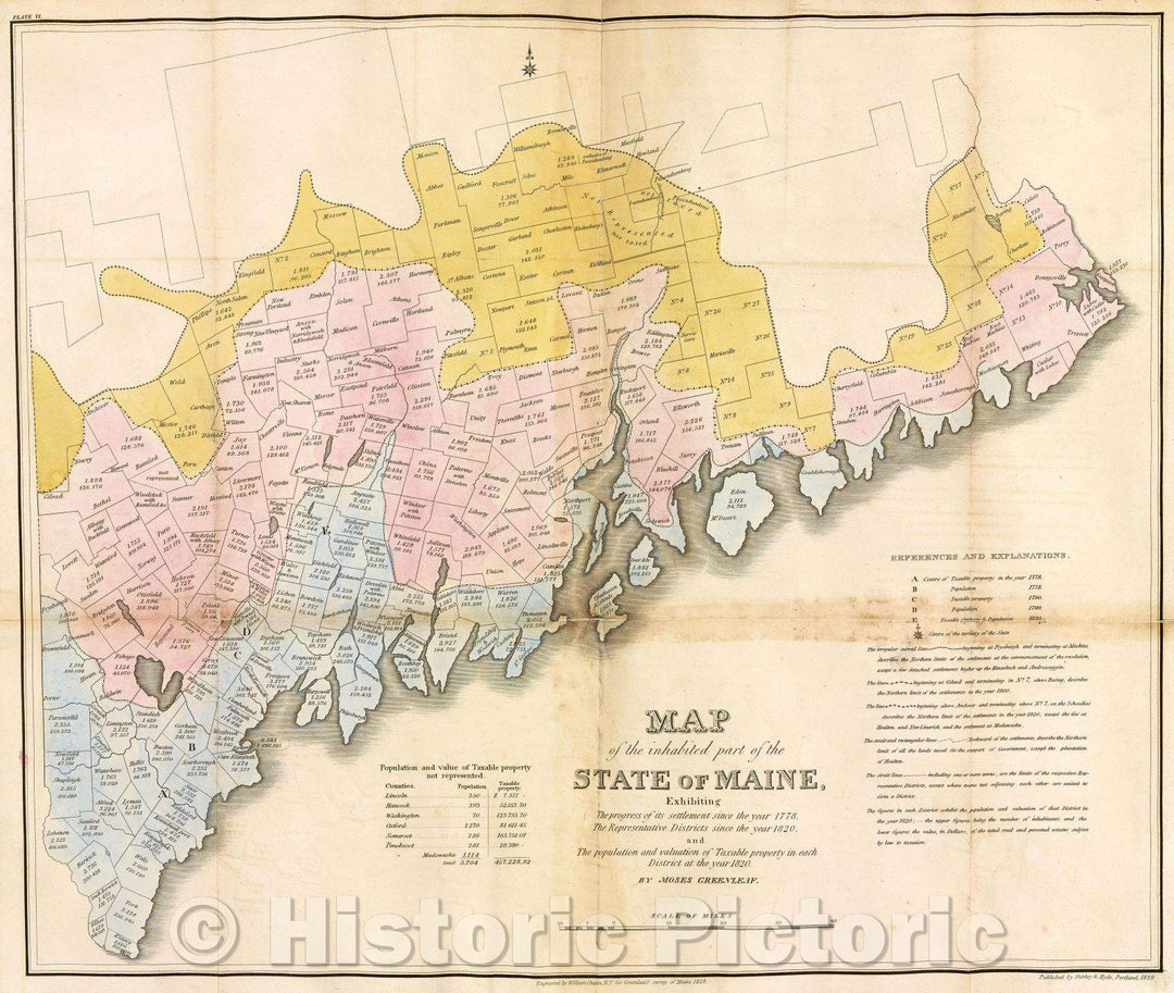 Historic Map : Map of the inhabited part of the State of Maine, exhibiting the progress of its settlement since the 1778, The representative districts, 1829 , Vintage Wall Art