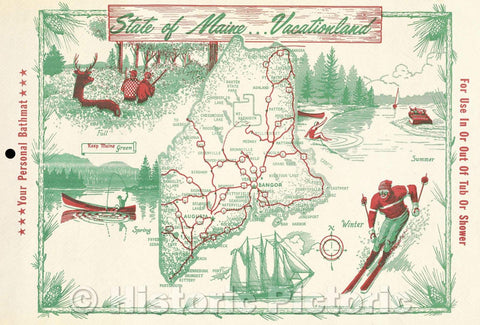 Historic Map : State of Maine... Vacationland, Vintage Wall Art