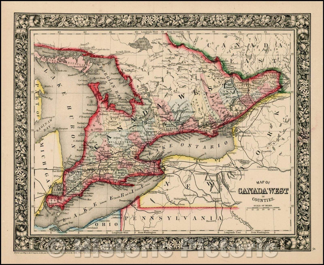 Historic Map - Map Of Canada West In Counties, 1864, Samuel Augustus Mitchell Jr. - Vintage Wall Art