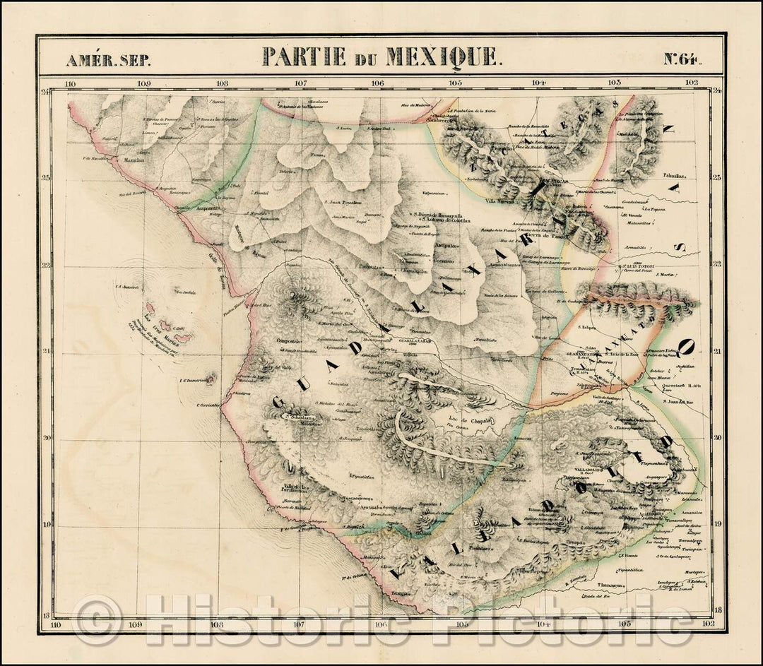Historic Map - Amer. Sep. No. 64 Partie Du Mexique Guadalajara, Mazatlan, Valladoild, Guanajuato and Zacatecas, 1825, Philippe Marie Vandermaelen v1