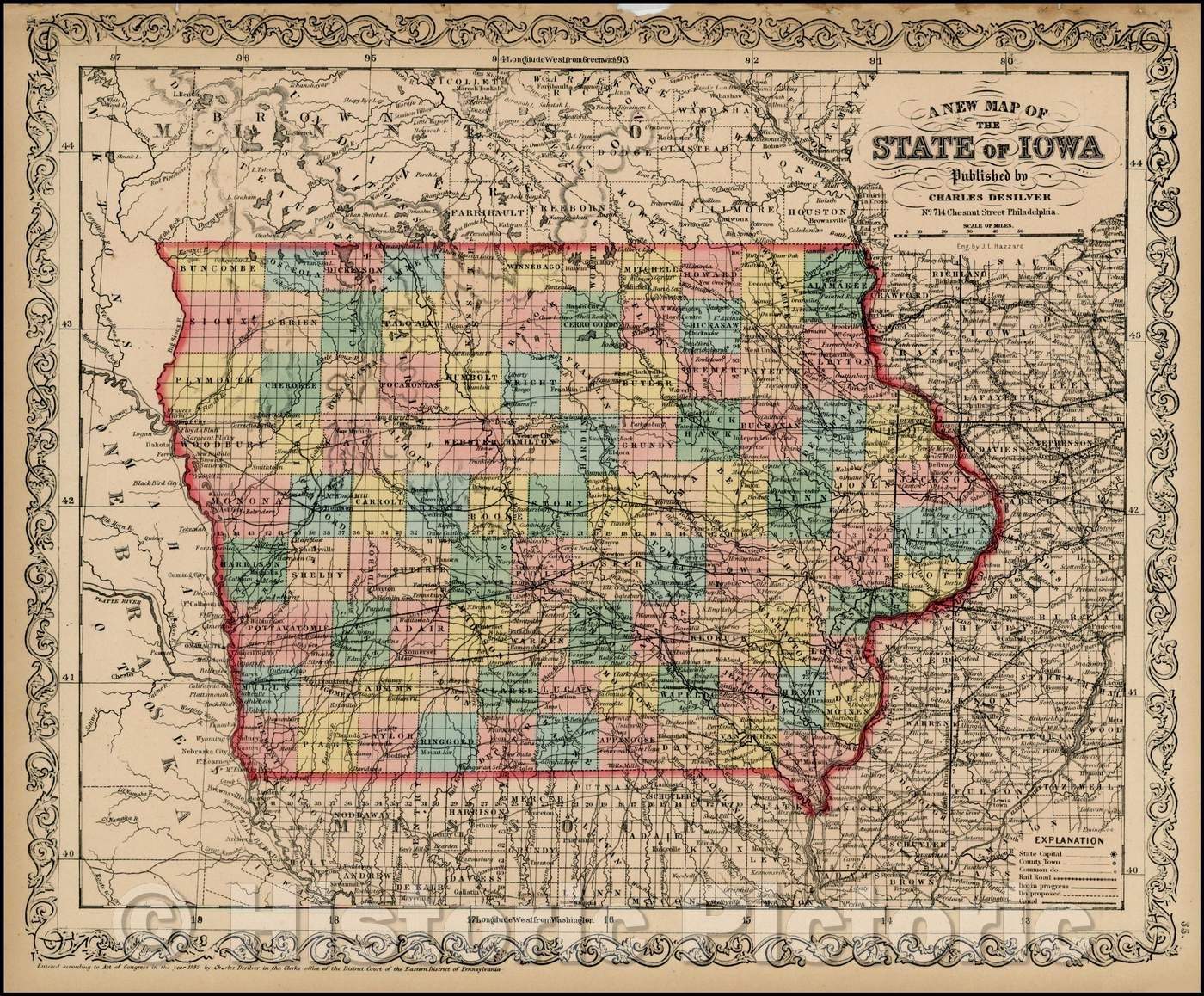 Historic Map - The State Of Iowa, 1859, Charles Desilver - Vintage Wall Art