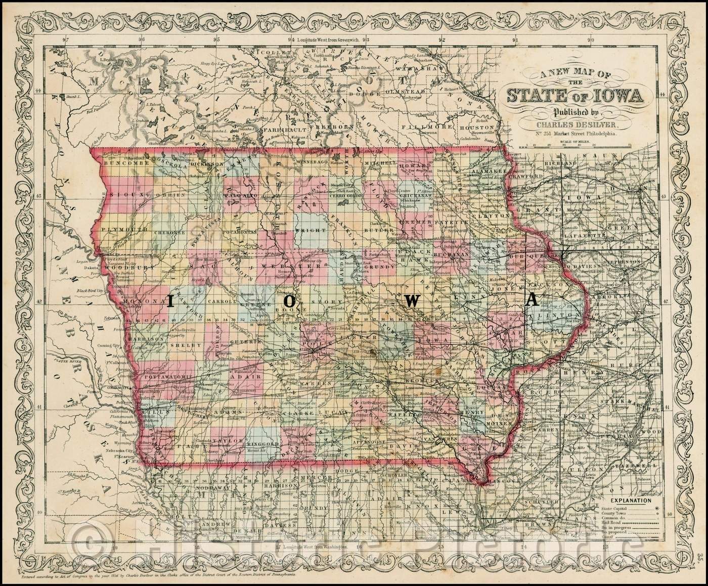 Historic Map - The State Of Iowa, 1856, Charles Desilver - Vintage Wall Art