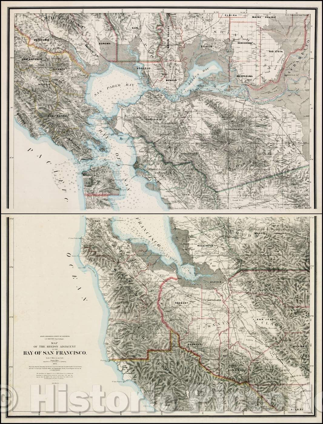 Historic Map - State Geological Survey of California J.D. Whitney, State Geologist. Map of the Region Adjacent To The Bay of San Francisco, 1873, J.D. Whitney - Vintage Wall Art