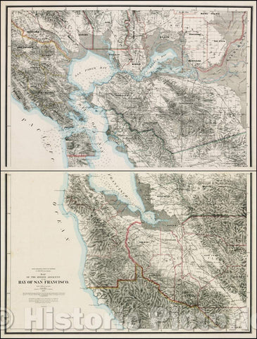 Historic Map - State Geological Survey of California J.D. Whitney, State Geologist. Map of the Region Adjacent To The Bay of San Francisco, 1873, J.D. Whitney - Vintage Wall Art