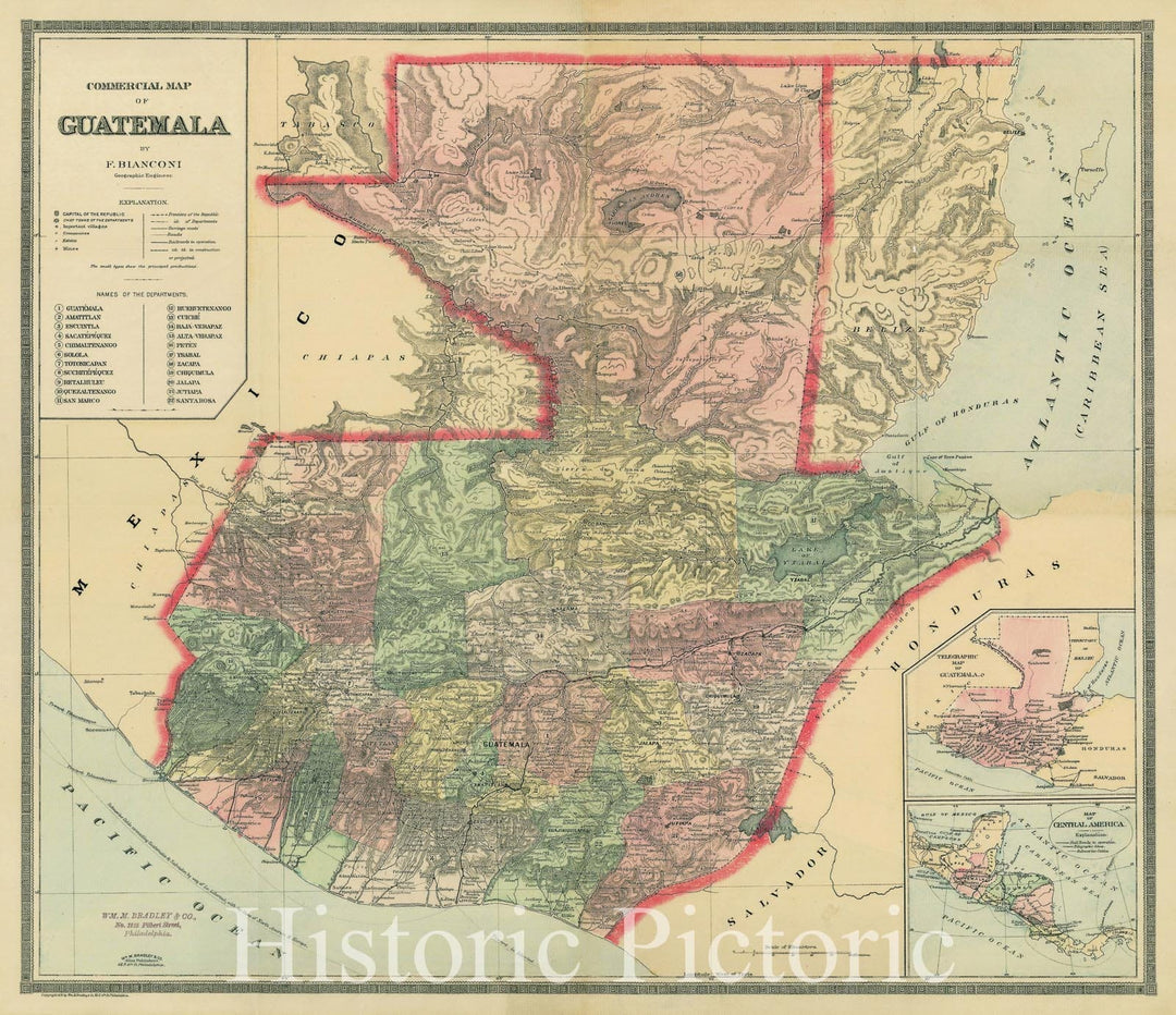 Historic Map - Commercial Map of Guatemala, 1892, William Bradley - Vintage Wall Art