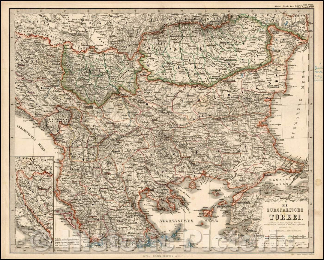 Historic Map - Die Europaeische Turkei/European parts of Turkey and the Balkans, including Bulgaria, Serbia, Romania, Albania, Bosnia, Herzogovenia, 1859 - Vintage Wall Art