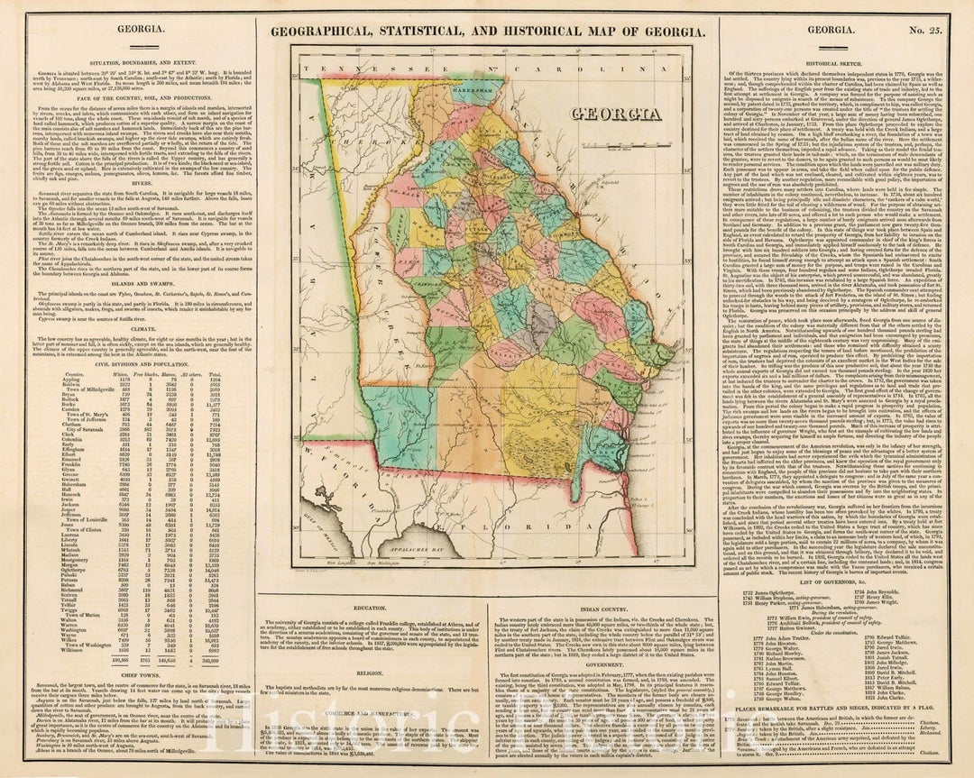 Historic Map - Geographical, Statistical and Historical Map of Georgia, 1822, Henry Charles Carey - Vintage Wall Art