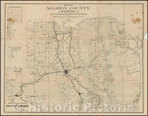 Historic Map - of Marion County Florida. From U.S. Surveys and other Official and Original Sources. Showing All Lands Belonging To The U.S. State Railroad, 1888 - Vintage Wall Art