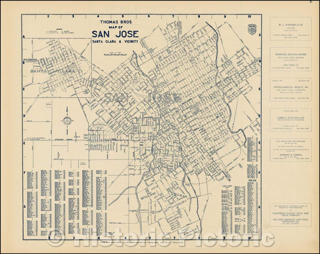 Historic Map - Thomas Bros. Map of San Jose, Santa Clara and Vicinity, 1920, Thomas Brothers - Vintage Wall Art