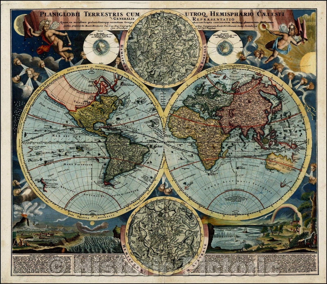 Historic Map - Planiglobii Terrestris Cum Utroq Hemisphaerio Caelesti Generalis Exhibitio, 1730, Johann Baptist Homann - Vintage Wall Art