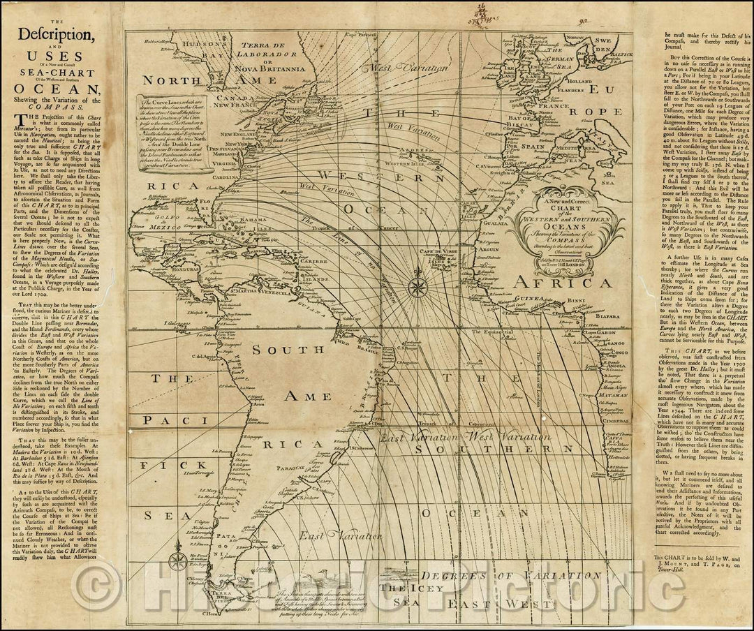 Historic Map - Chart of the Western and Southern Oceans Showing the Variations of the Compass According to the Latest and Best Observations, 1750 - Vintage Wall Art
