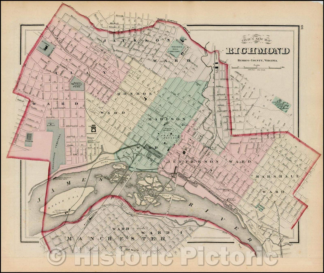 Historic Map - Gray's New Map of Richmond Henrico County, Virginia, 1875, O.W. Gray - Vintage Wall Art
