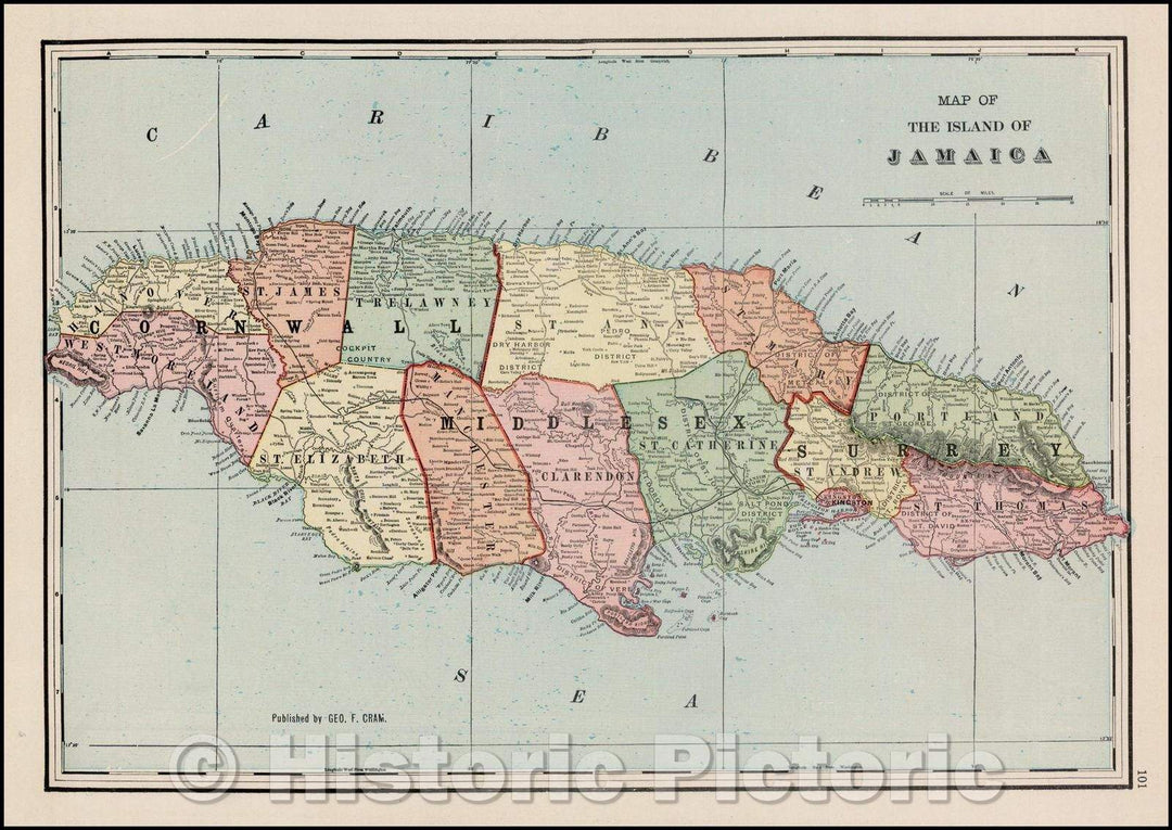 Historic Map - Map of the Island of Jamaica, 1899, George F. Cram - Vintage Wall Art