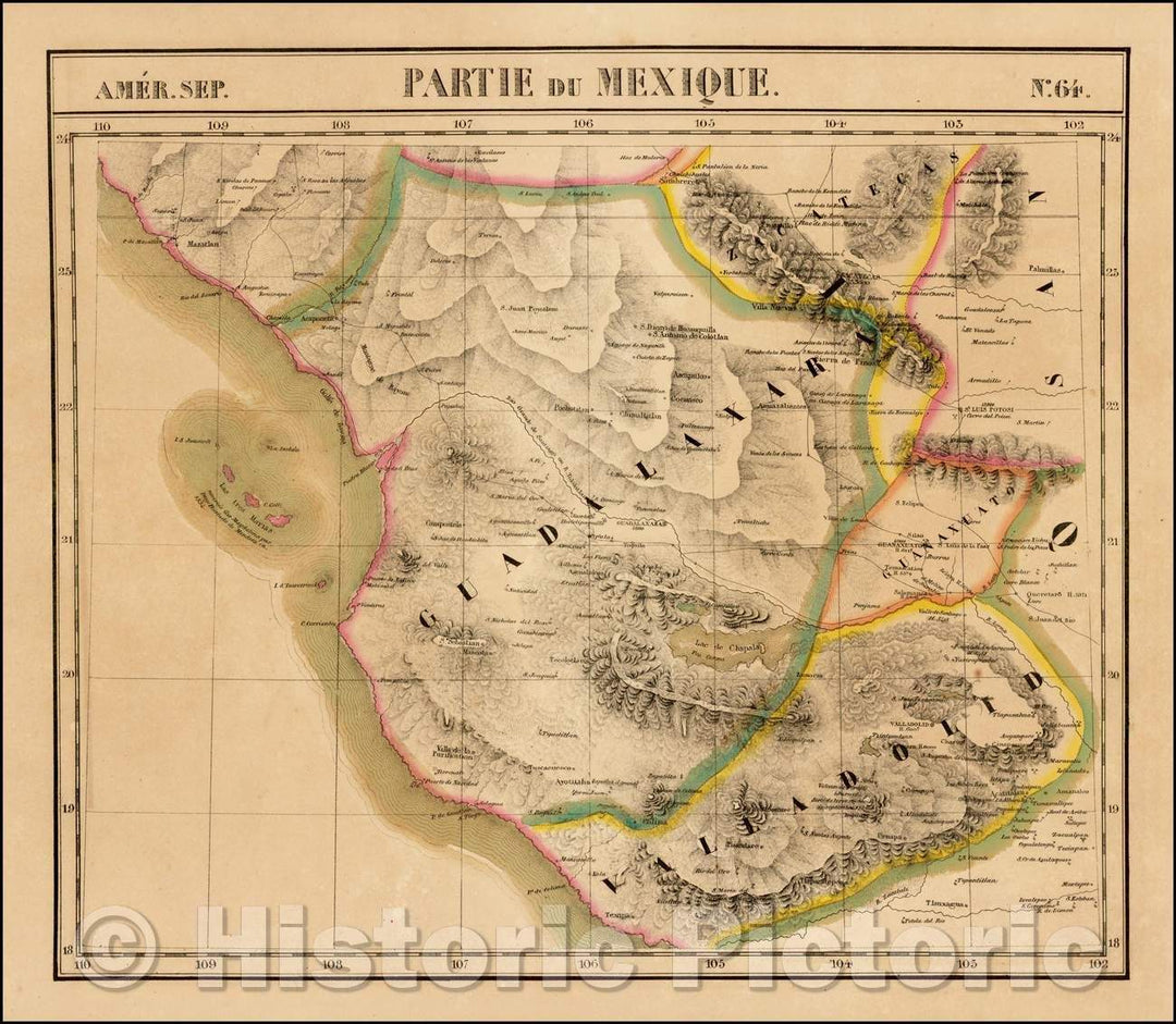 Historic Map - Amer. Sep. No. 64 Partie Du Mexique Guadalajara, Mazatlan, Valladoild, Guanajuato and Zacatecas, 1825, Philippe Marie Vandermaelen v2