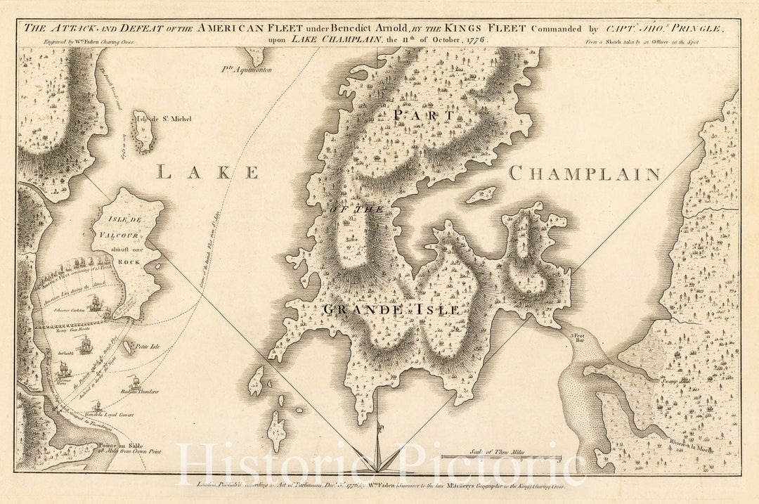 Historic Map - The Attack and Defeat of the American Fleet under Benedict Arnold, 1776, William Faden - Vintage Wall Art