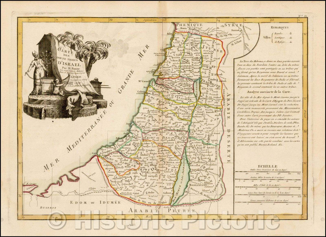 Historic Map - Carte Des Douze Tribus D'Israel Par M Bonne/Map of the Holy Land, showing the 12 tribes, 1762, Jean Janvier - Vintage Wall Art