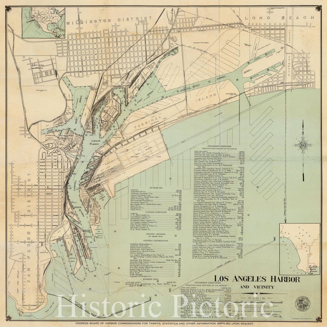 Historic Map - Los Angeles Harbor and Vicinity, 1925, Harbor Department of the City of Los Angeles - Vintage Wall Art