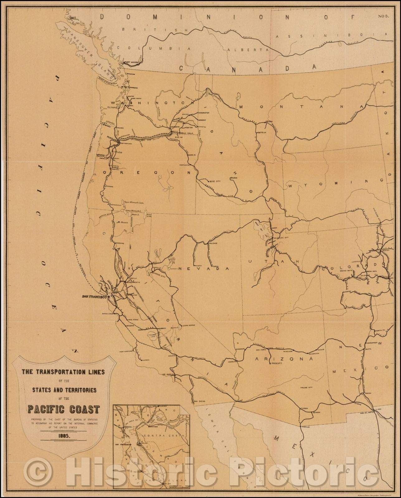 Historic Map - Transmississippi West The Transportation Lines of the States and Territories of the Pacific Coast, 1885, United States Treasury Department - Vintage Wall Art