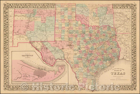 Historic Map - County Map of The State of Texas Showing also portions of the Adjoining States and Territories, 1880, Samuel Augustus Mitchell Jr. - Vintage Wall Art