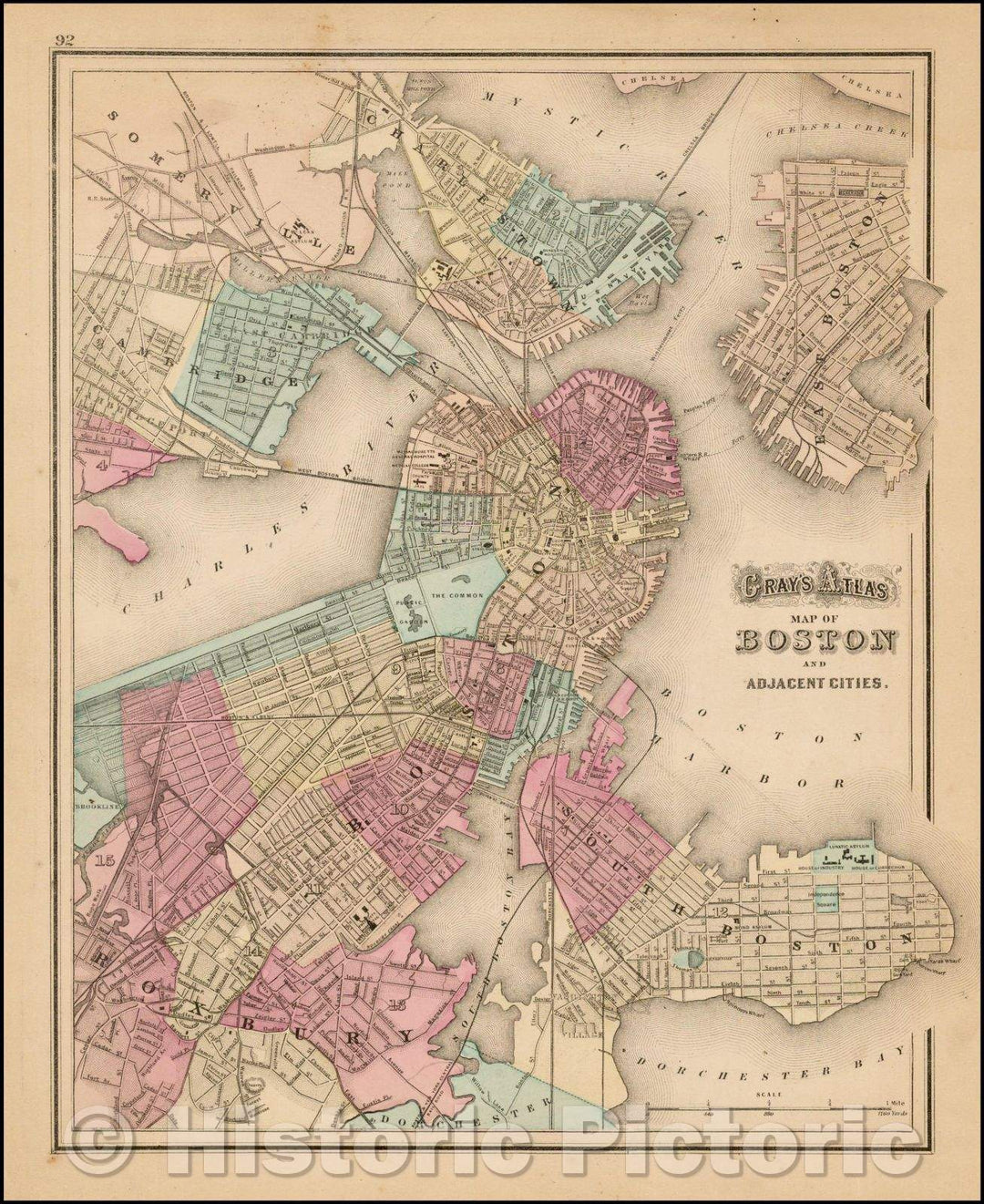 Historic Map - Gray's Atlas Map of Boston and Adjacent Cities, 1873, O.W. Gray - Vintage Wall Art