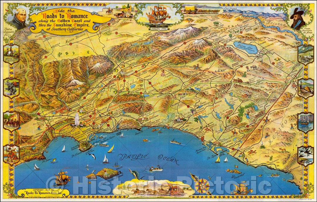 Historic Map - Ride The Roads To Romance along the Golden Coast and thru the Sunshine Empire of Southern California, 1958, Roads To Romance Inc. - Vintage Wall Art