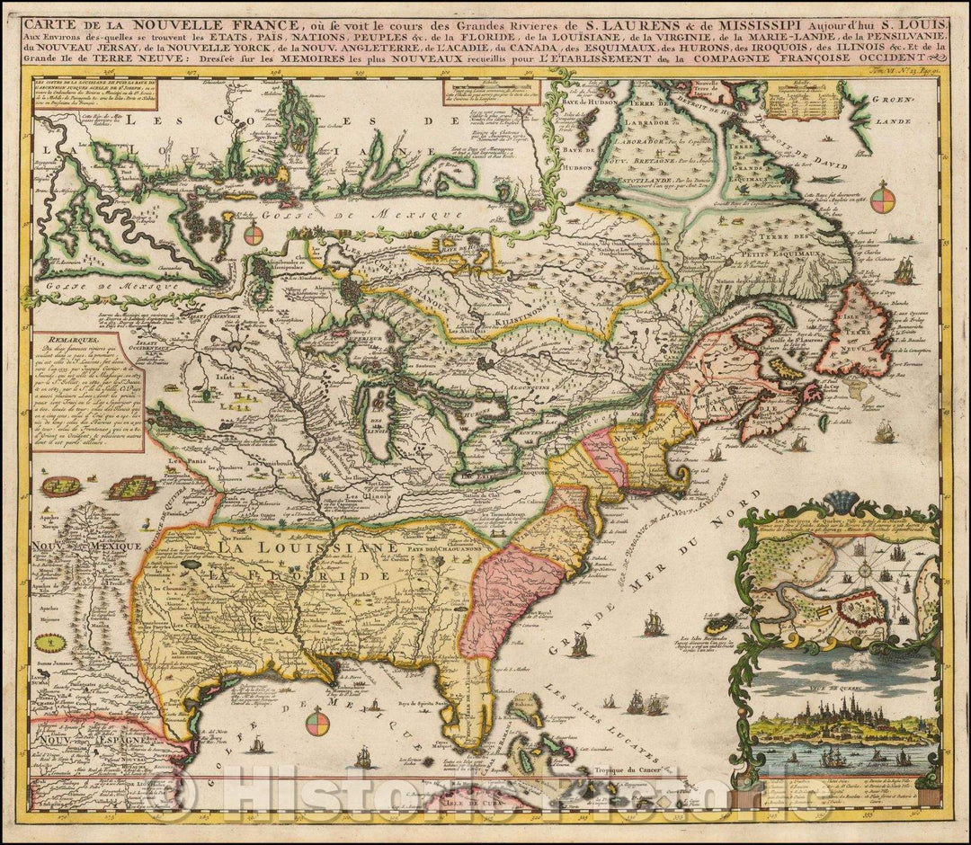 Historic Map - Carte De La Nouvelle France, ou se voit le cours des Grandes Rivieres de. S. Laurens & de Mississipi, 1719, Henri Chatelain v6