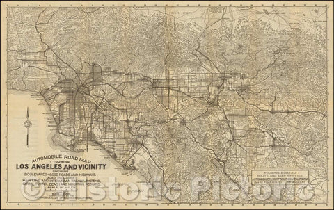 Historic Map - Automobile Road Touring Los Angeles and Vicinity Showing Boulevards - Good Roads and Highways also Main Line and Interurban Railway Systems, 1913 - Vintage Wall Art