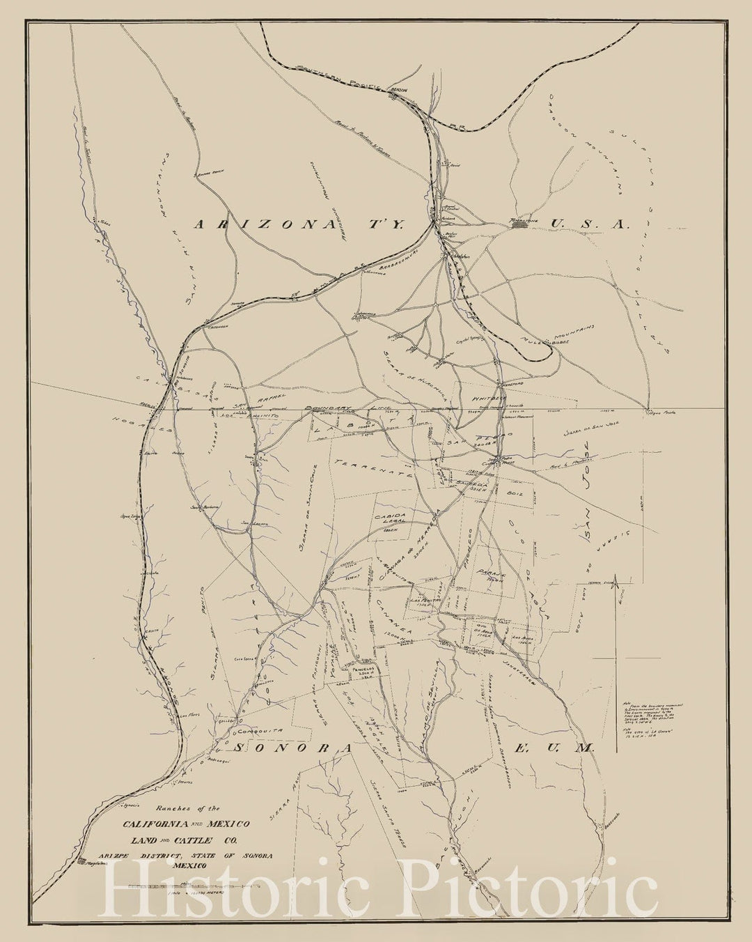 Historic Map - Cochise County, Arizona Territory - Northern Sonora Ranches of the California and Mexico Land and Cattle Co. Arizpe District, State of Sonoma Mexico, 1905 - Vintage Wall Art