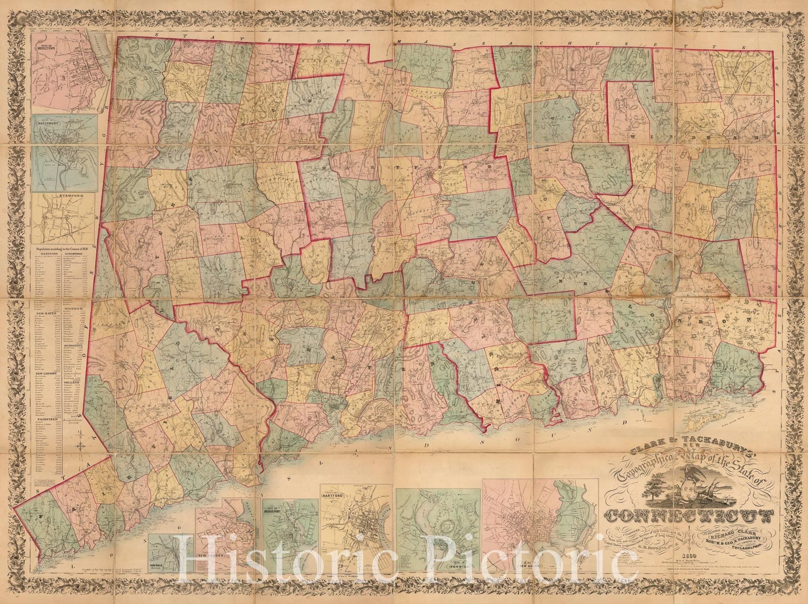 Historic Map - Clark & Tackaburys' New Topographical Map of the State of Connecticut, 1860, Robert Tackabury - Vintage Wall Art