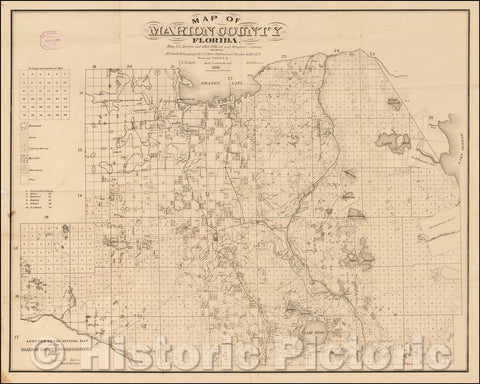 Historic Map - Map of Marion County, Florida. From U.S. Surveys and Other Official Sources Showing All lands belonging to the U.S. State Railroad, 1885 - Vintage Wall Art