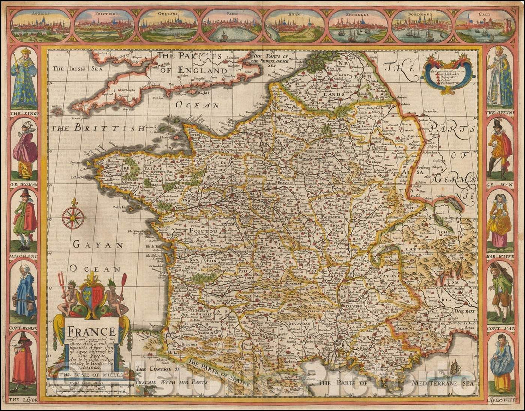 Historic Map - France revised and augmented the attires of the French and Situations of their Cheifest cityes observed, 1676, John Speed v2