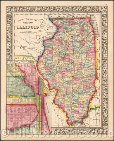 Historic Map - County Map of the State of Illinois, 1864, Samuel Augustus Mitchell Jr. - Vintage Wall Art