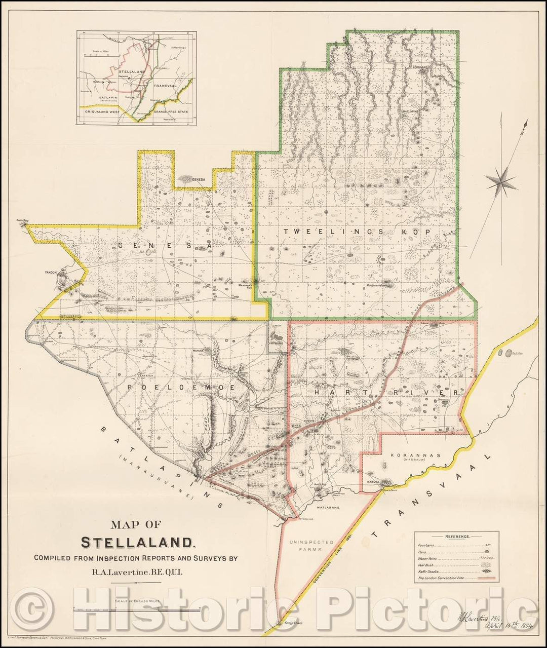 Historic Map - Republic of Stellaland Map of Stellaland, 1884, R. A. Lavertine - Vintage Wall Art