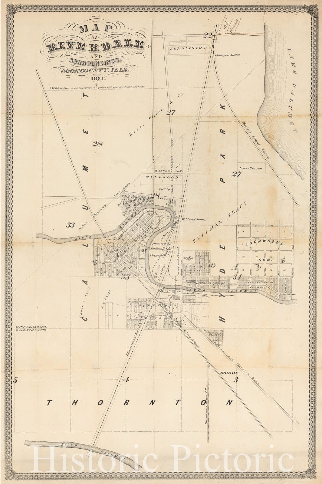 Historic Map - Map of Riverdale and Surroundings Cook County, Ills, 1874, R. W. Dobson - Vintage Wall Art
