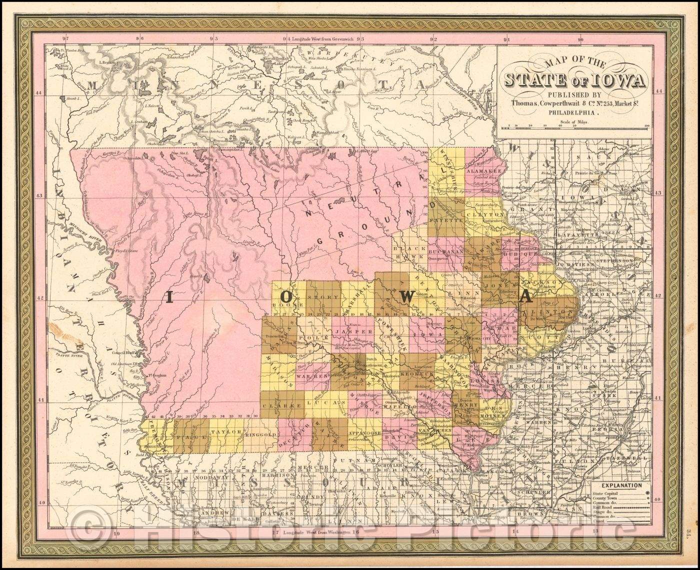 Historic Map - The State Of Iowa, 1850, Thomas, Cowperthwait & Co. - Vintage Wall Art