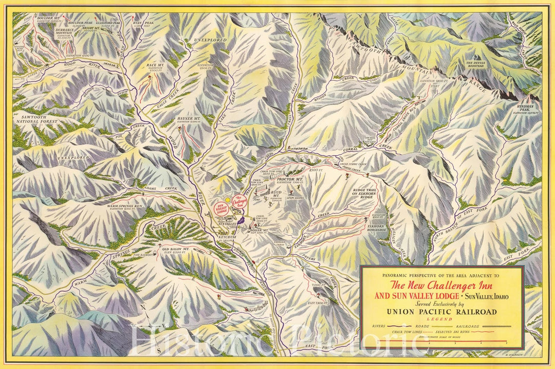 Historic Map - Sun Valley Idaho - Early Ski Trail Map, Panoramic Perspective of the Area Adjacent To The New Challenger Inn And Sun Valley Lodge, 1937 - Vintage Wall Art