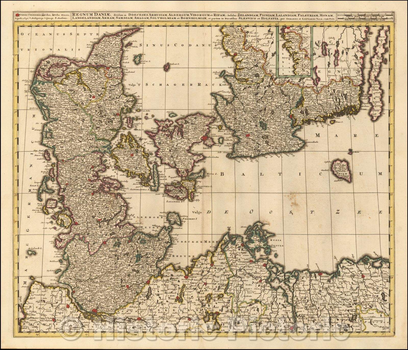 Historic Map - Northern Germany and southern Sweden/Regnum Daniae, divisum in Dioeceses Arhusiam, Albergum, Viborgum, Ripam; Insulas Zelandiam, Fioniam, 1710 v2