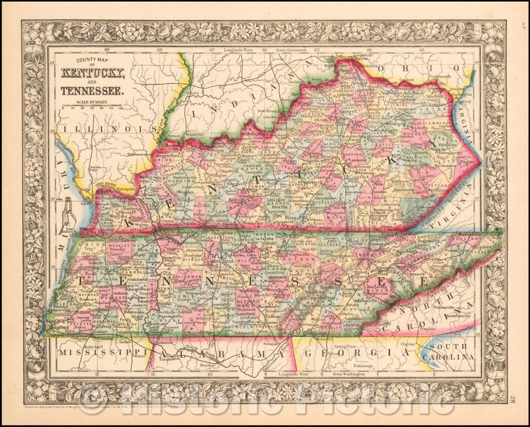 Historic Map - County Map of Kentucky and Tennessee, 1864, Samuel Augustus Mitchell Jr. - Vintage Wall Art
