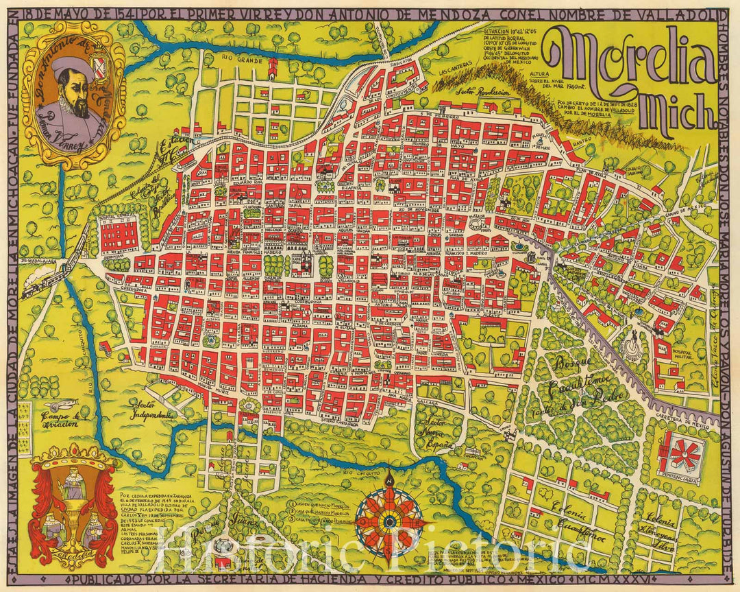 Historic Map - Morelia, Mich. / Esta Es La Imagen De La Ciudad De Morelia En Michoacan Fue Fundada/Pictorial Map of Morelia, Mexico, 1934 - Vintage Wall Art