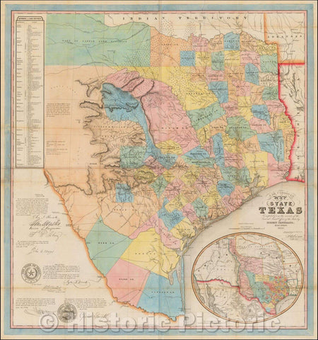 Historic Map - J. De Cordova's Map of the State of Texas, 1850, Jacob De Cordova - Vintage Wall Art