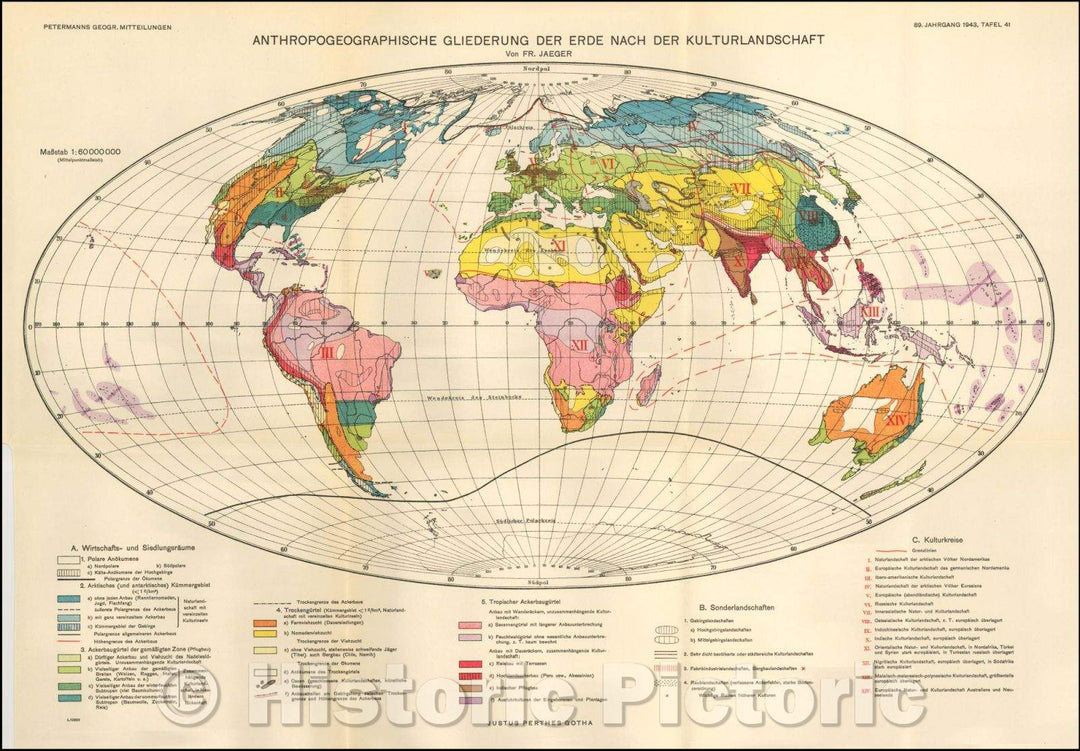 Historic Map - Anthropogeographische Gliederung Der Erde Nach Der Kulturlandschaft :: Anthropogeographical Outline Of The Earth, 1943 - Vintage Wall Art