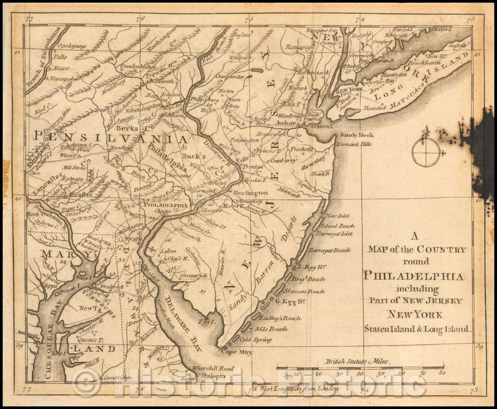 Historic Map - Country round Philadelphia including Part of New Jersey New York Staten Island & Long Island, 1776, Gentleman's Magazine - Vintage Wall Art