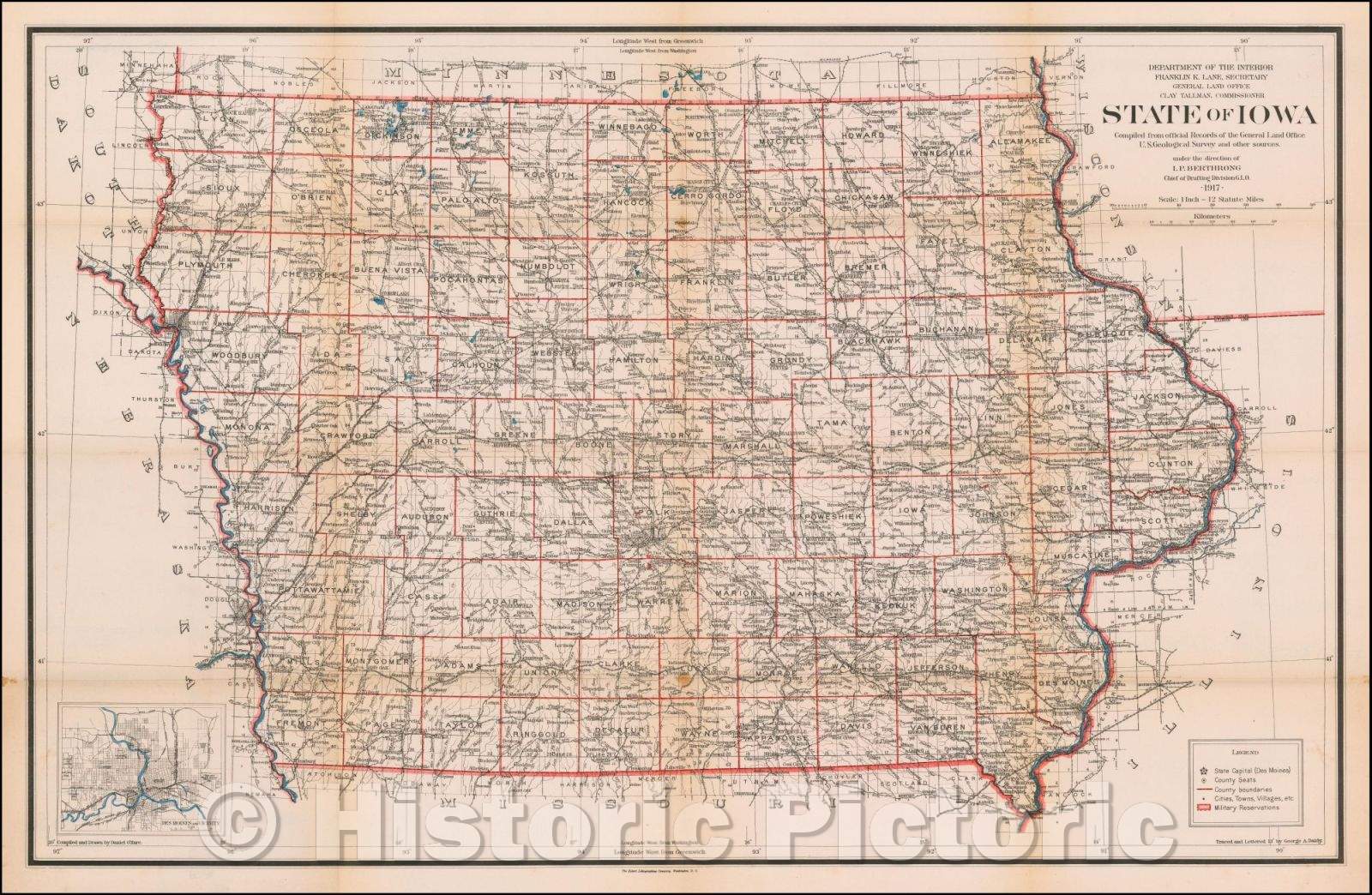 Historic Map - State of Iowa, 1917, U.S. General Land Office - Vintage Wall Art