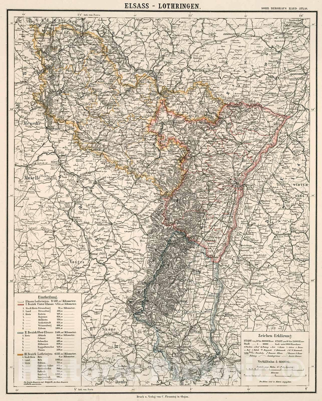 Historic Map : Elsass-Lothringen, 1884, Vintage Wall Decor