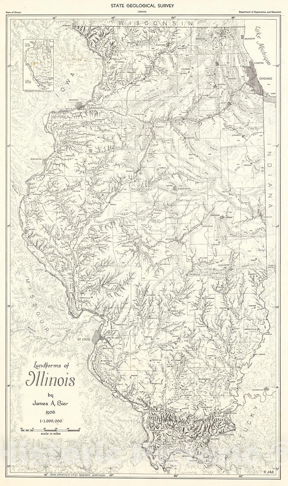 Historic Map : Landforms of Illinois, 1956, Vintage Wall Decor