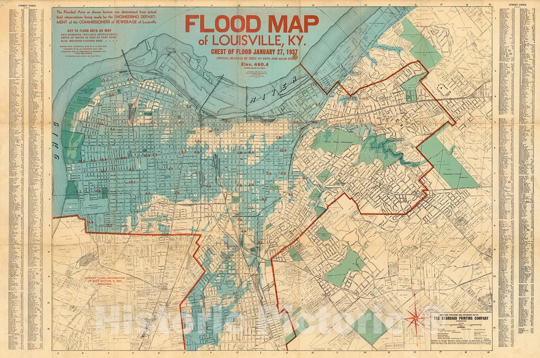 Historic Map : Louisville Flood Map Showing Flooded Area of Louisville, Kentucky. January 1937., 1938, Vintage Wall Decor