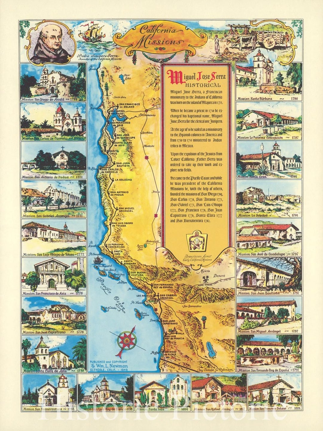 Historic Map : California Missions, 1949, Vintage Wall Decor